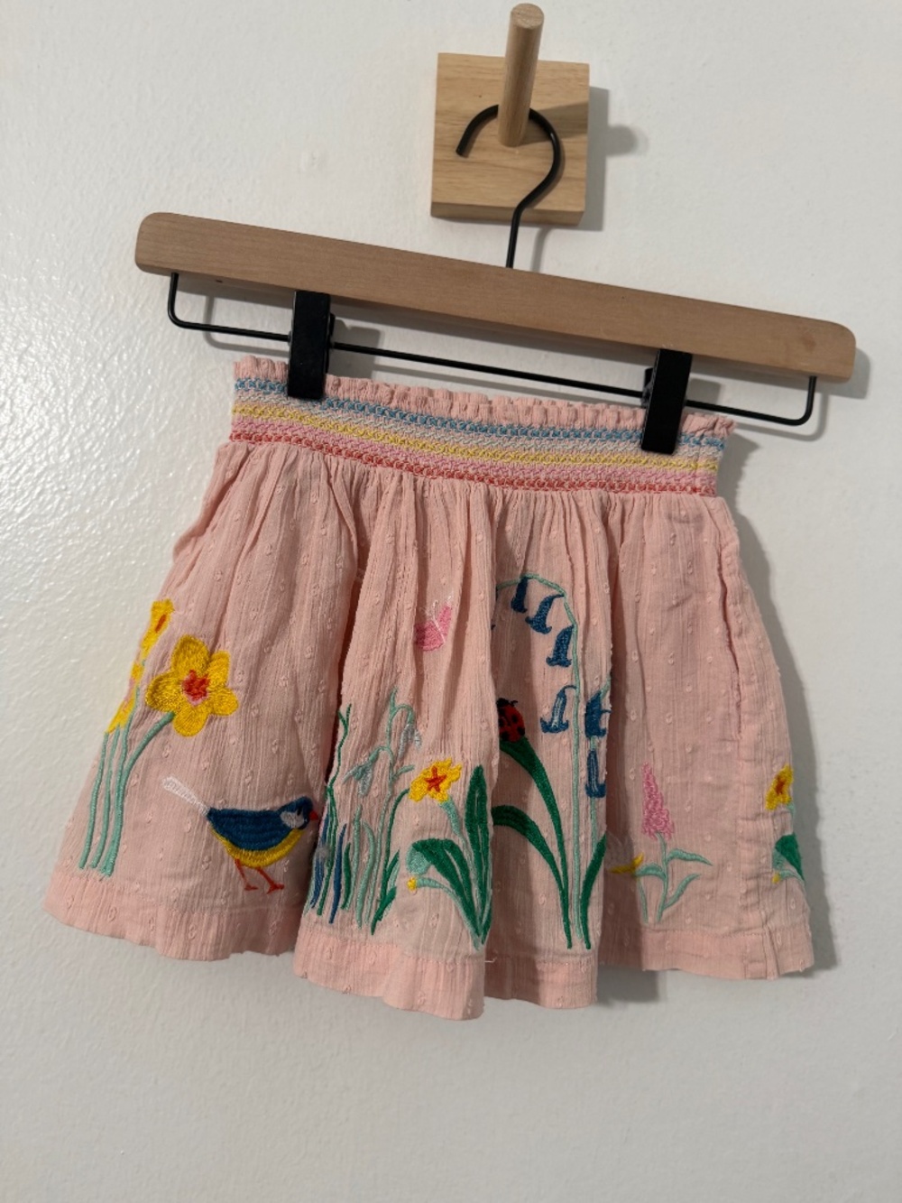 Mini Boden Girls Pink Embroidered Skirt Bird Floral Smocked Waist 4-5 Yr Garden